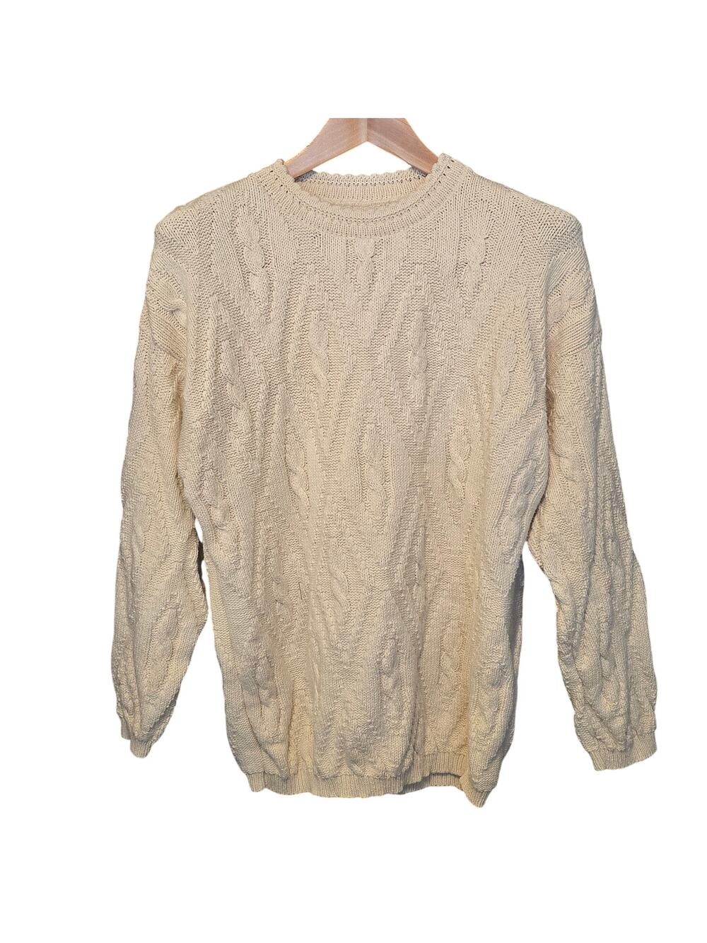 Unbranded Sweater Womens Size Medium Ivory Cable Knit Fisherman 100% Cotton USA